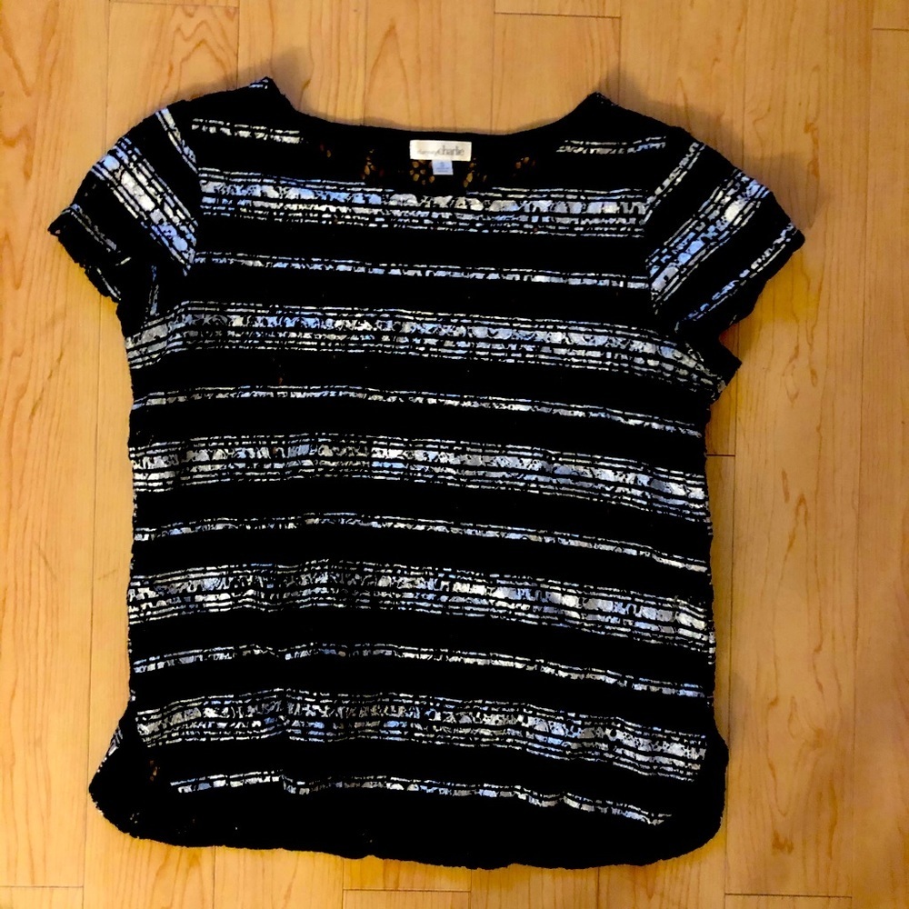 Charming Charlie black &silver striped mesh tshirt